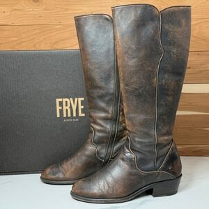 Frye Women's Carson Piping Tall Knee High Leather Riding Boot Dark Brown s 6.5 M